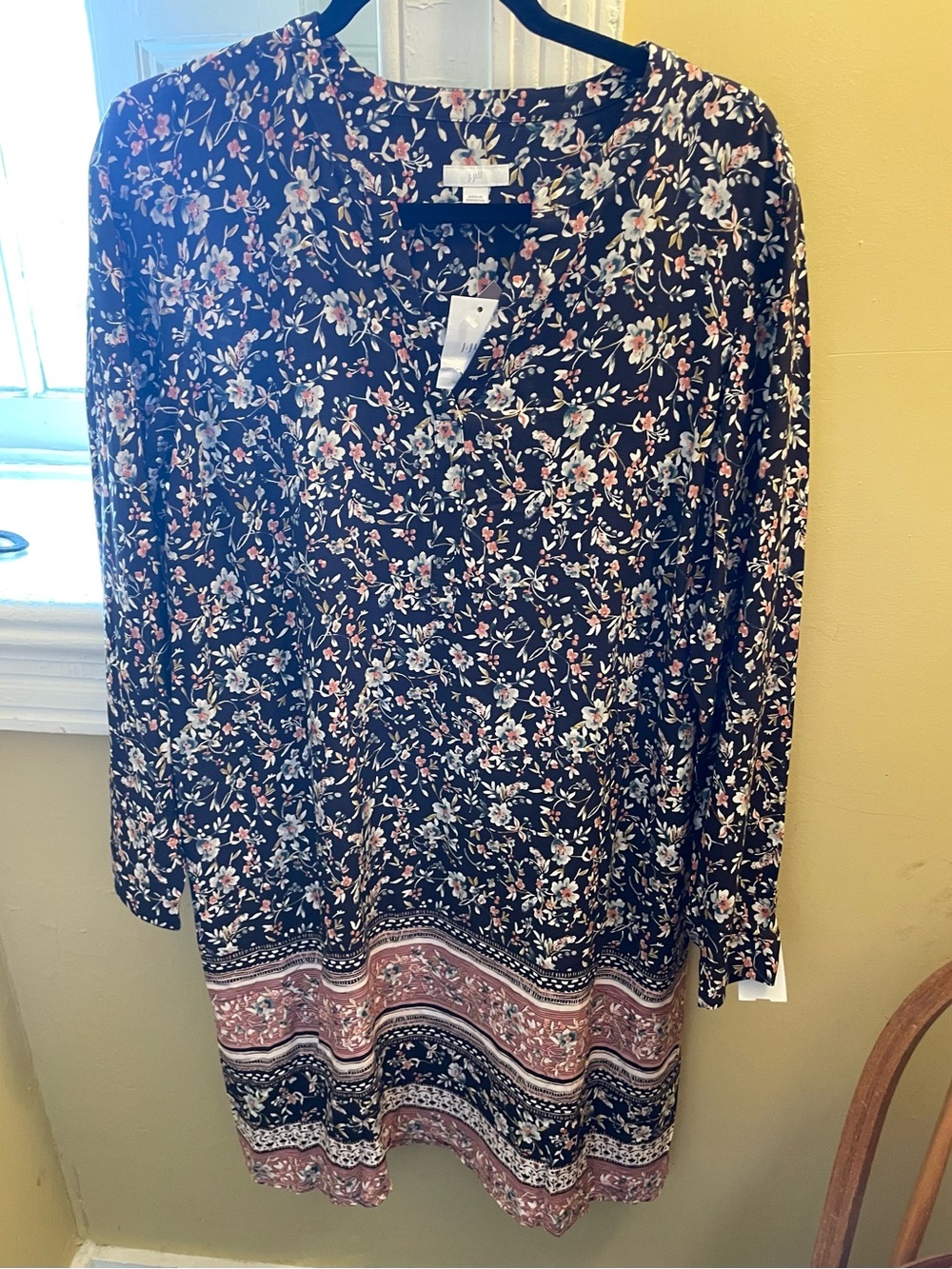 NWT J. Jill Boho Floral Print Long Sleeve Dress - Black/Pink / Size Medium